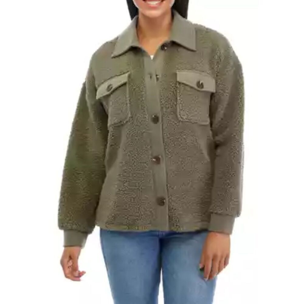 Pink Rose Womens Faux Fur Heavy Duty Shacket Jacket Olive Green Size Small